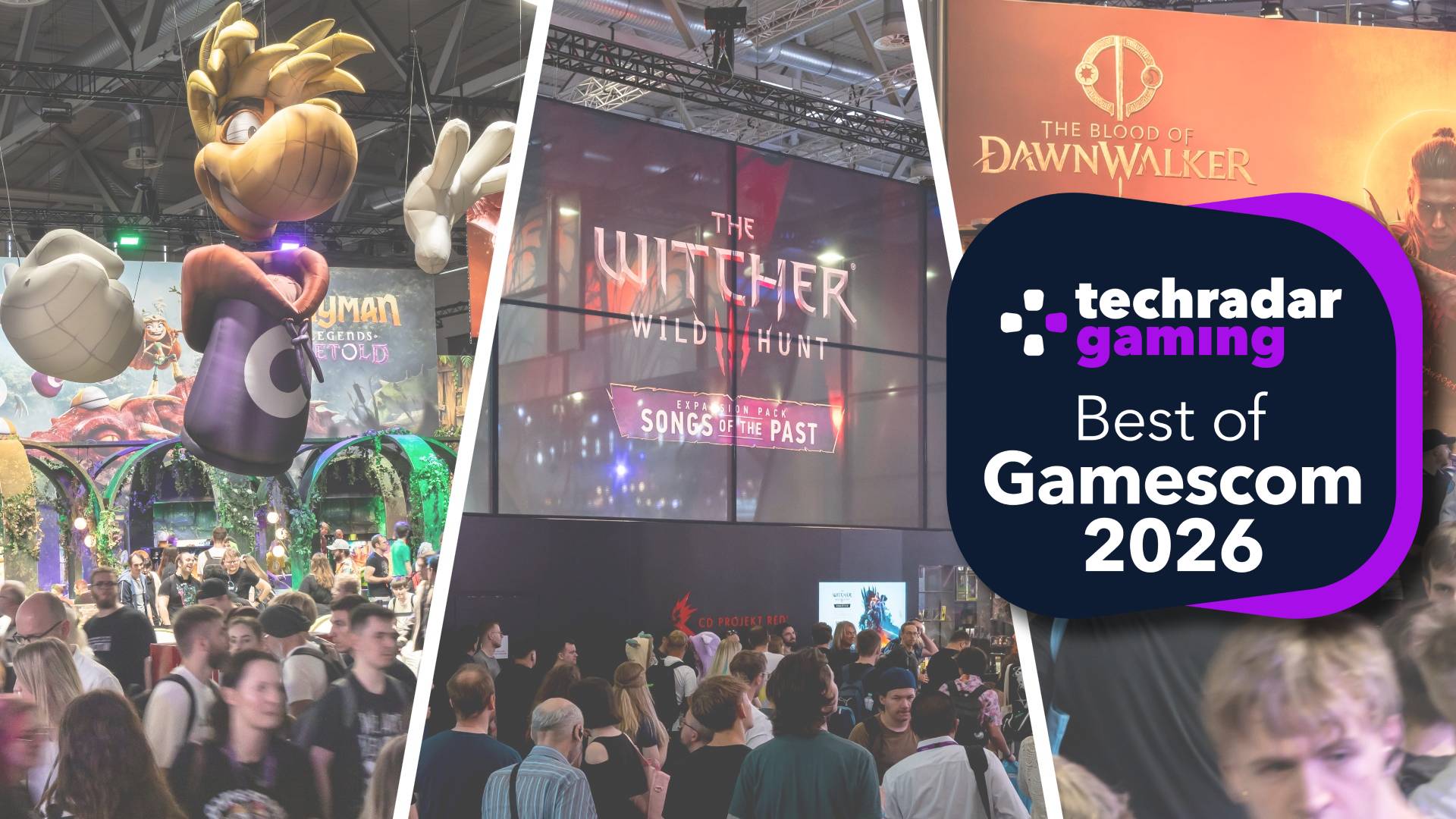 Three ay artwork showing the Rayman, Witcher 3, and Blood of Dawnwalker stands at Gamescom 2026 with the TechRadar Gaming Best of Gamescom 2026 awards badge on top