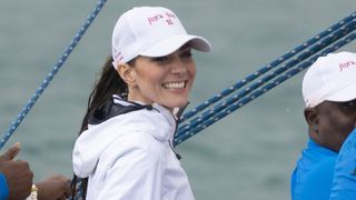 Catherine, Duchess of Cambridge onboard a boat from the Bahamas Platinum Jubilee Sailing Regatta at Montagu Bay, one of the first sailing regattas in the Bahamas since the start of the pandemic, on day seven of their tour of the Caribbean on March 25, 2022 in Nassau, Bahamas.