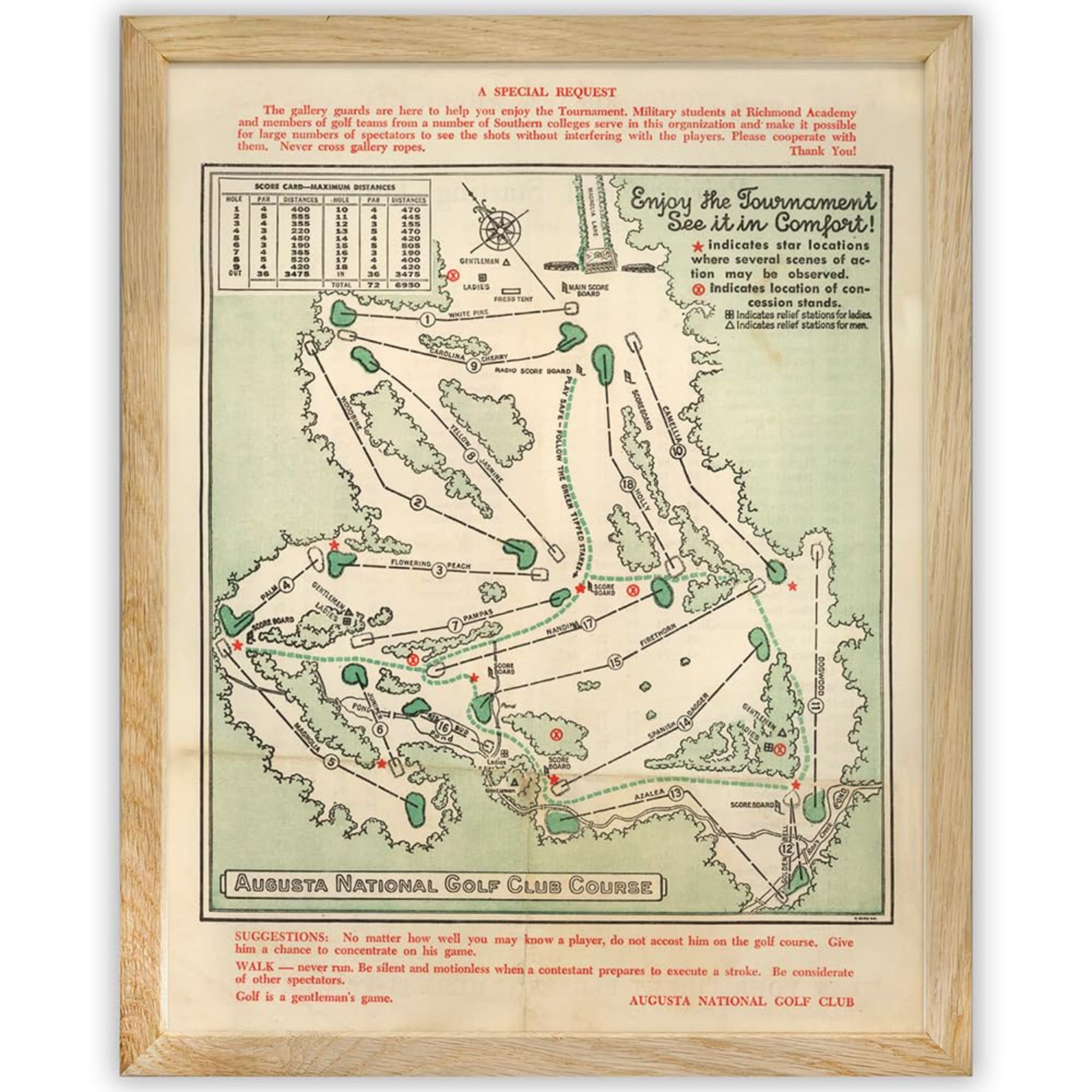 Amazon, Framed Vintage Augusta National Wall Art Course Map 1954 Golf Decor