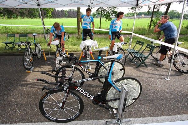 Team Milram's riders get warmed up ahead of the day's stage.