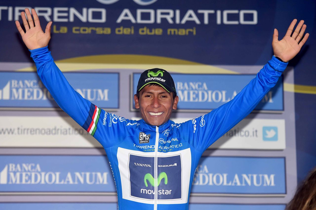 Nairo Quintana (Movistar) celebrates receiving his second leader's jersey