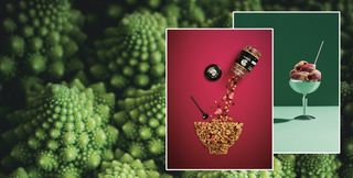 Romanesco broccoli backdrop with a stylized split image featuring spilt granola and a fruit-topped dessert in glasses