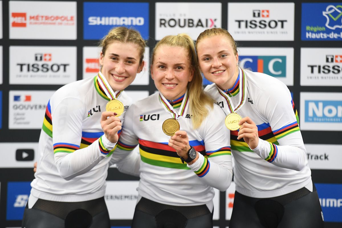 Picture by Simon Wilkinson/SWpix.com - 20/10/2021 - Cycling - Tissot 2021 UCI Track Cycling World Championships - Women&acirc;s Team Sprint Finals - Stab Velodrome, Roubaix, France - Lea Friedrich, Pauline Sophie Grabosch and Emma Hinze of Germany (Gold) on the women's team sprint podium