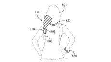 An illustration of a woman wearing an AirPods accessory looped over a bag strap and also around her neck and wrist, with the suggestion of directional sound to her ear