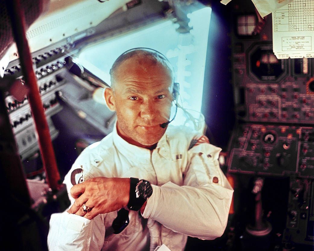 Apollo 11 astronaut Buzz Aldrin in a photo taken by fellow Apollo 11 astronaut Neil Armstrong before the lunar landing.