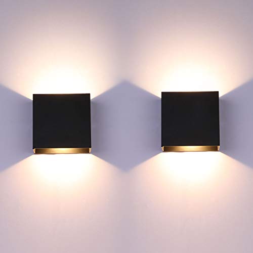 Glighone Wall Lights for Living Room, 2pcs Led Indoor Wall Lamo Up Down Modern Wall Sconce Lighting, 6w Aluminum Hardwired Black Wall Lights for Hallway Bedroom, Stairs, Warm White