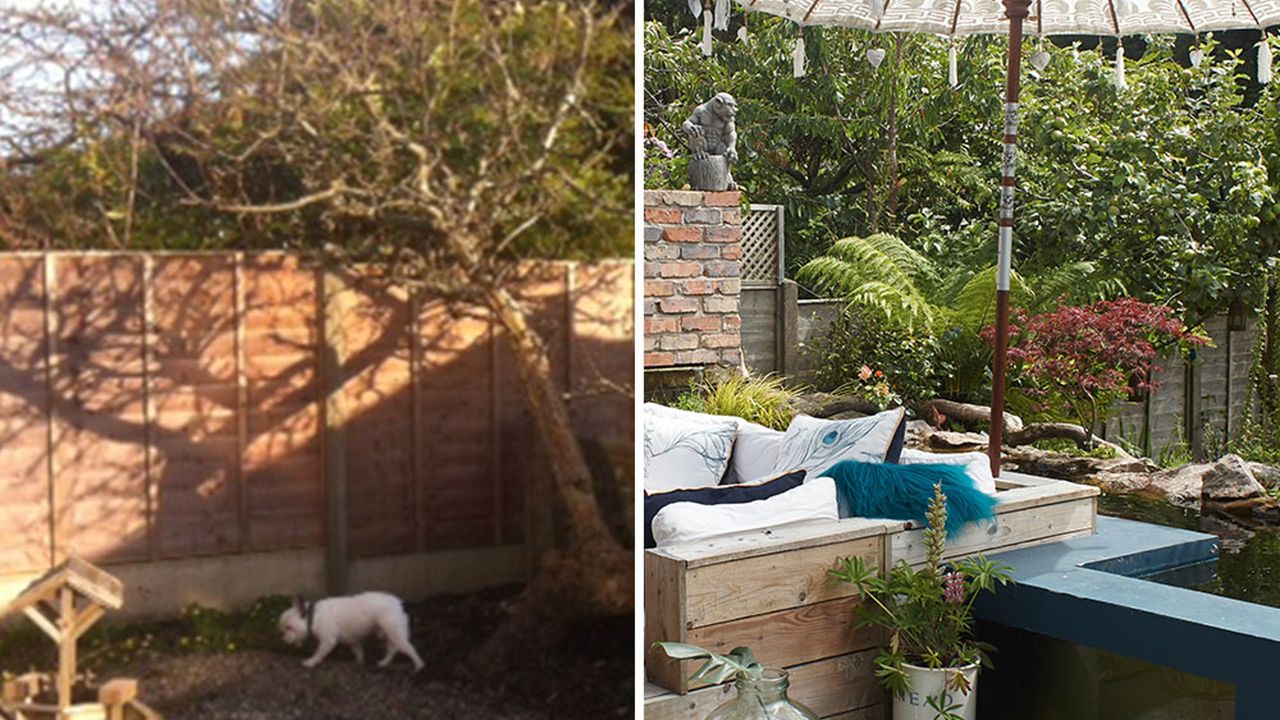 garden renovation with bricked fireplace and potted plants