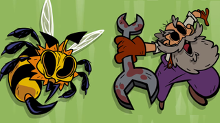 A huge Bee and a Mechanic, an old man with a wrench and beard, in the heavy-lined style of DrinkBox Studios' Nobody Saves the World. 