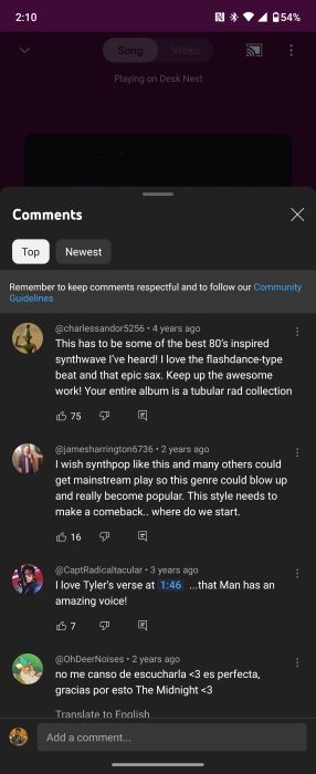 YouTube Music's new Now Playing UI with comments
