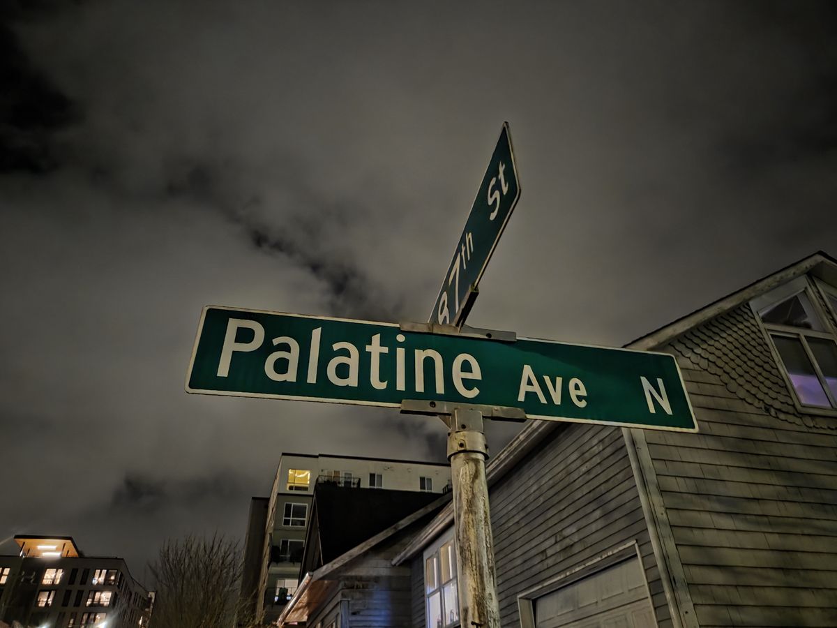 A street sign that reads "Palatine Ave N"
