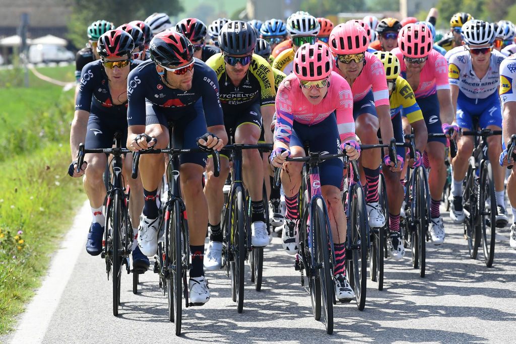 SARNANO ITALY SEPTEMBER 11 Salvatore Puccio of Italy and Team INEOS Grenadiers Filippo Ganna of Italy and Team INEOS Grenadiers Michael Hepburn of Australia and Team MitcheltonScott Simon Clarke of Australia and Team EF Pro Cycling Magnus Cort of Denmark and Team EF Pro Cycling Tanel Kangert of Estonia and Team EF Pro Cycling James Knox of The United Kingdom and Team Deceuninck QuickStep during the 55th TirrenoAdriatico 2020 Stage 5 a 202km stage from Norcia to SarnanoSassotetto 1335m TirrenAdriatico on September 11 2020 in Sarnano Italy Photo by Justin SetterfieldGetty Images