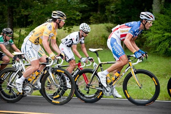 Race leader Mark Cavendish rides on Columbia-HTC team-mate George Hincapie's wheel.
