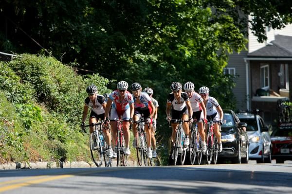 The women's break heads back through town and out onto the long loop.