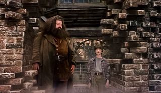 Hagrid and Harry Potter in Sorcerer's Stone brick wall moving