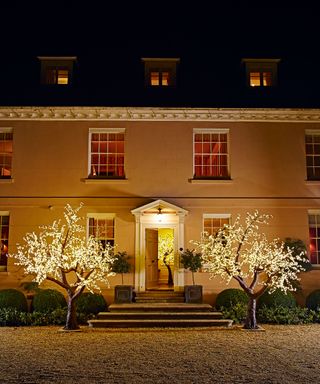 An example of front garden ideas showing a period home lit up at night with two false LED trees