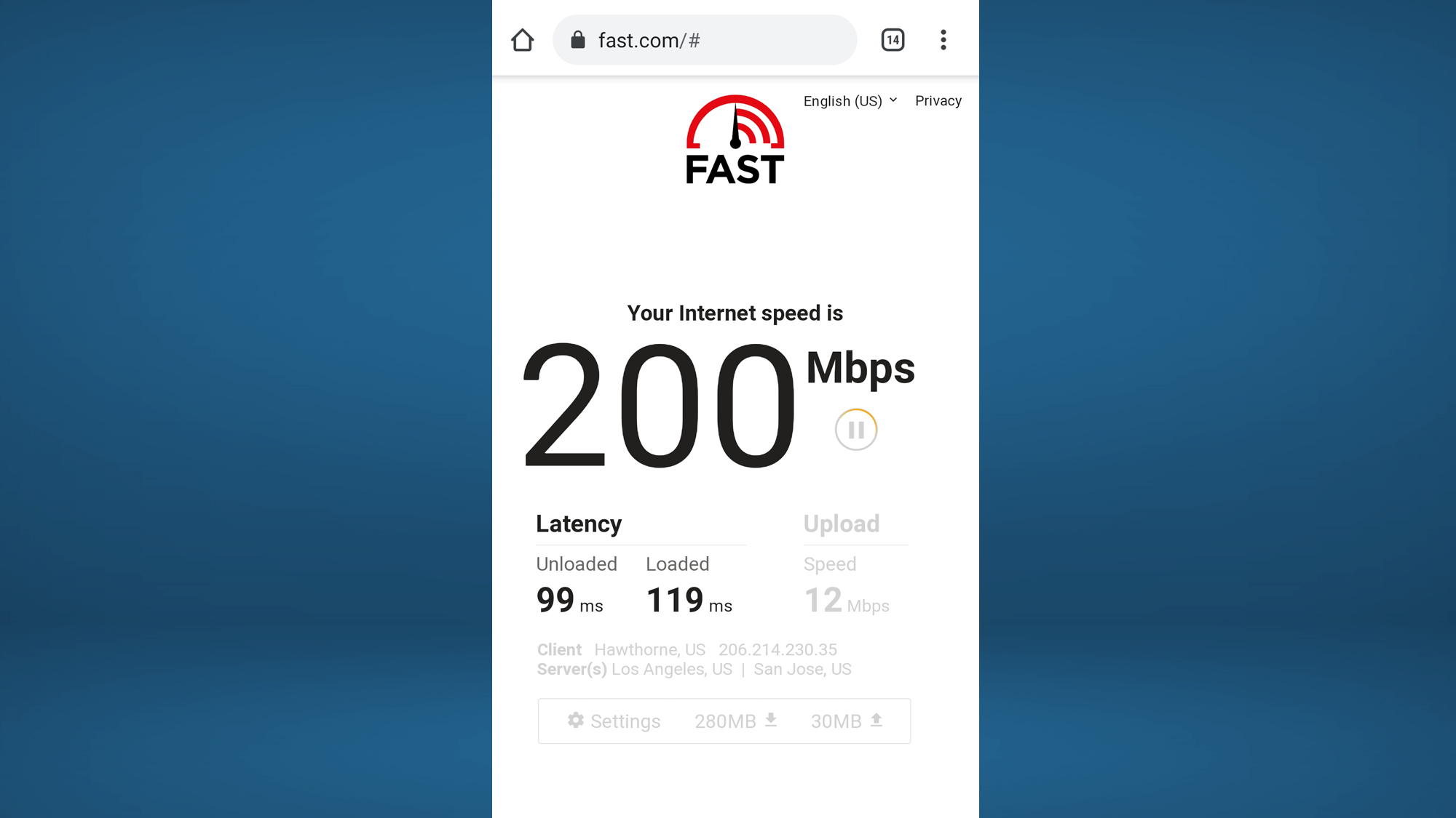 Starlink speed test results