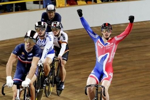 Matthew Crampton celebrates Great Britain's second keirin medal
