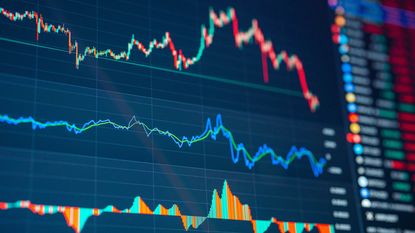 stock market chart with red and green bars going up then down