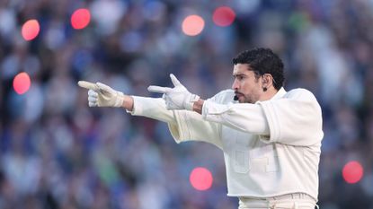 Bad Bunny performs during the Super Bowl LX halftime show.
