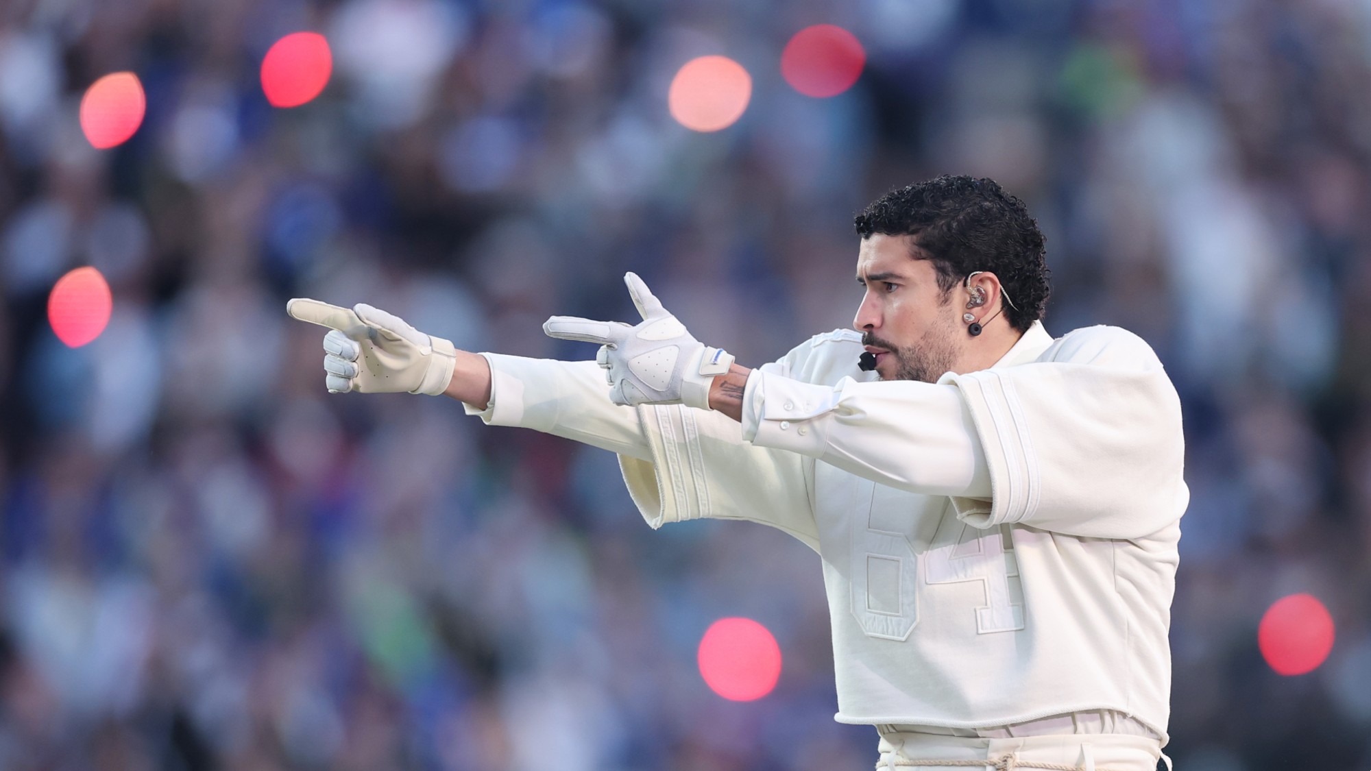 Bad Bunny performs during the Super Bowl LX halftime show. 