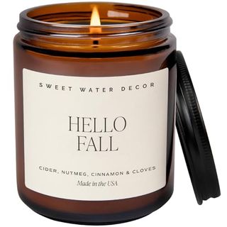 Sweet Water Decor Hello Fall Soy Candle - Hot Cider, Cinnamon, Cloves, Apple, and Nutmeg Fall Scented Candles for Home - 9oz Amber Jar + Black Lid, 40+ Hour Burn Time, Made in the Usa