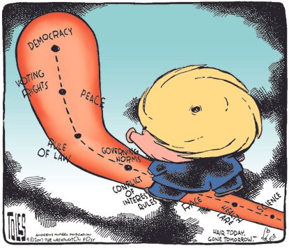Political cartoon U.S. Trump hurricane American values