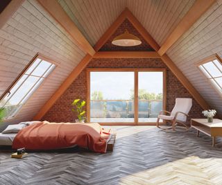 Loft attic bedroom with low bed and balcony