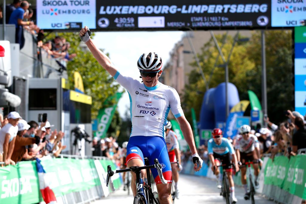 LUXEMBOURG LUXEMBOURG SEPTEMBER 18 David Gaudu of France and Team Groupama FDJ white best young rider jersey celebrates at finish line as stage winner during the 81st SkodaTour De Luxembourg 2021 Stage 5 a 1837km stage from Mersch to Luxembourg 323m skodatour skodatour on September 18 2021 in Luxembourg Luxembourg Photo by Bas CzerwinskiGetty Images