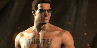 Johnny Cage stands shirtless in a Mortal Kombat game.