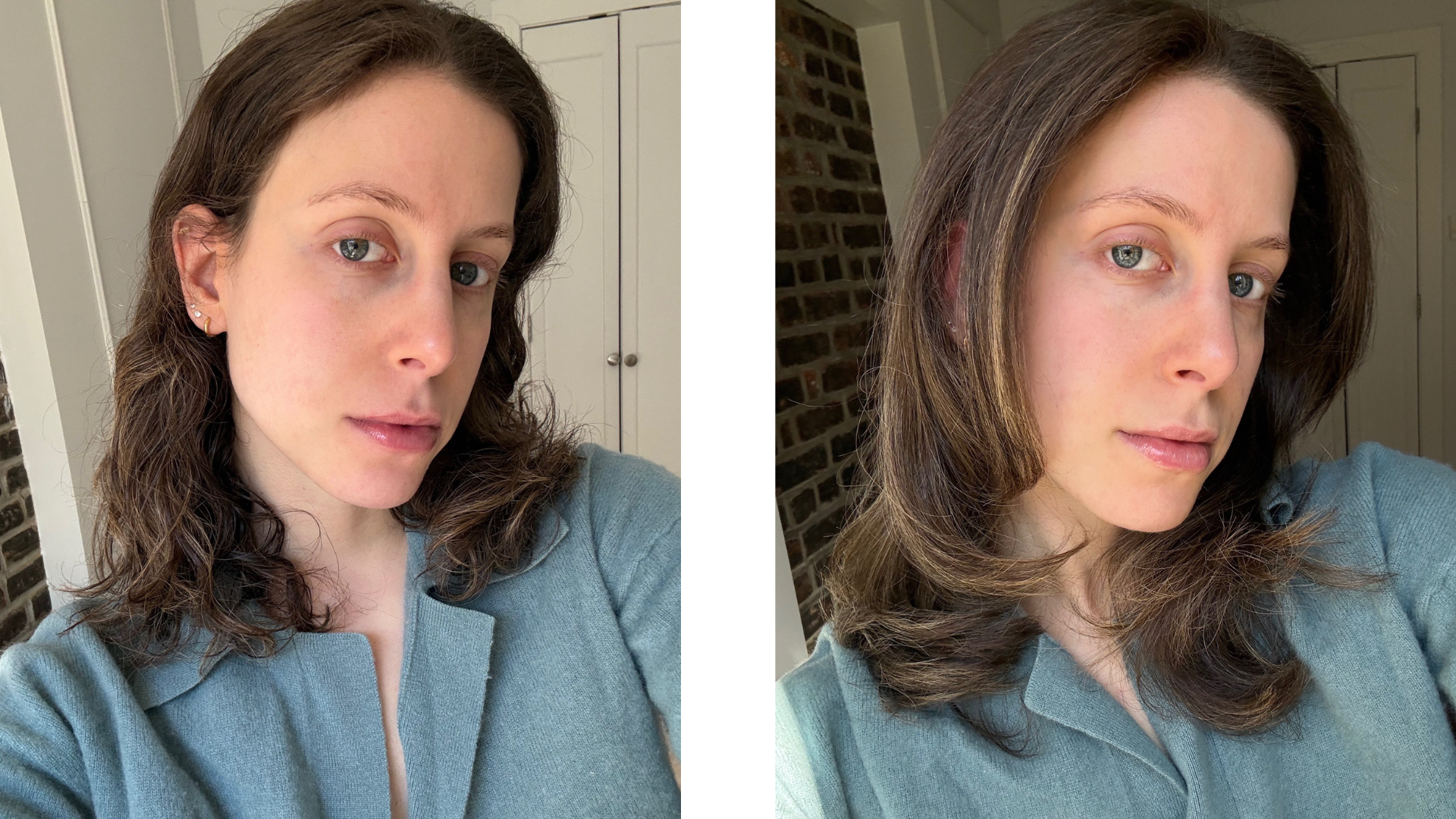 Jamie Schneider before and after testing the Chris McMillan mousse.