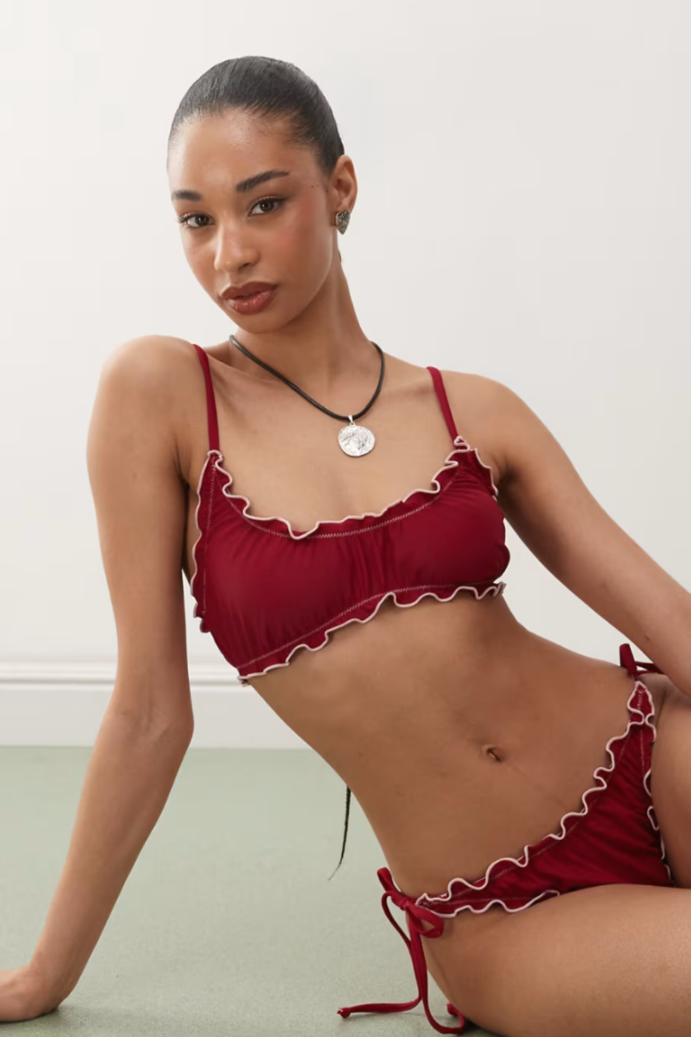 Reclaimed Vintage Bralette Bikini Top With Frills in Burgundy