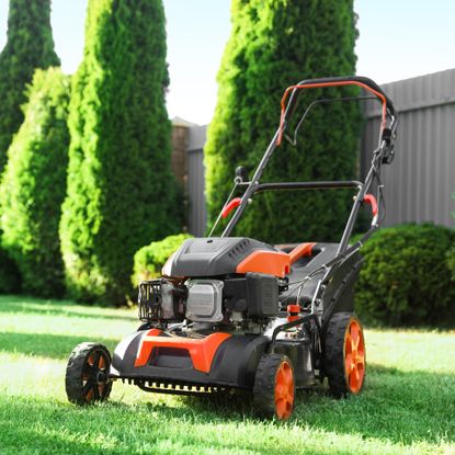 lawn mower in a manicured backyard