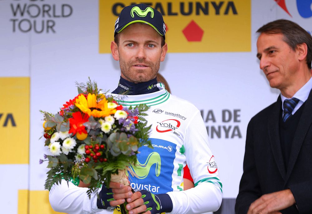 Joaquin Rojas on the podium after Movistar won the stage 2 team time trial at Volta a Catalunya
