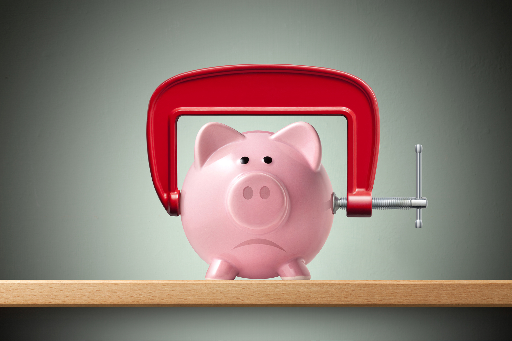 pink piggy bank in a red G clamp on a shelf