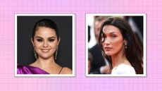 Selena Gomez and Bella Hadid: Selena pictured wearing a purple satin silk dress infront of black backdrop alongside a snap of Bella Hadid wearing a white dress/ in a pink and purple template