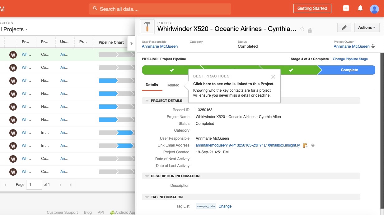 Insightly's project management in use