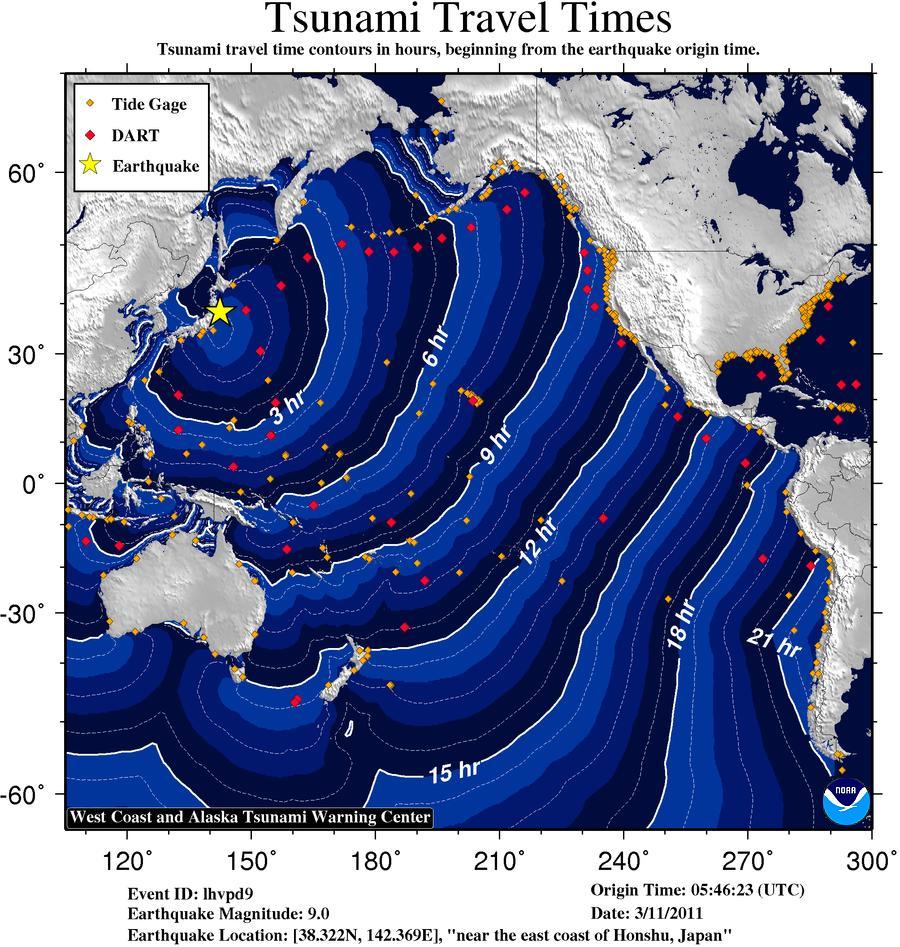 This map shows the travel times of the tsunami generated by the Honshu earthquake on March 11, 2011.