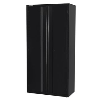 A tall black storage cabinet