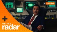 Justin Theroux as Mr. House in Fallout season 2, sitting in front of screens, with an orange GamesRadar+ On the Radar explainer logo over the top
