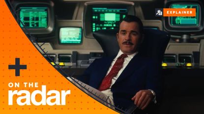 Justin Theroux as Mr. House in Fallout season 2, sitting in front of screens, with an orange GamesRadar+ On the Radar explainer logo over the top