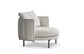 Round armchair with large cushion, upholstered in grey fabric