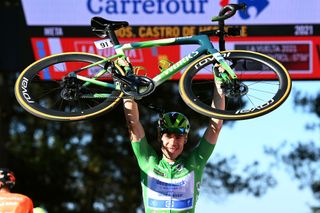 MOS SPAIN SEPTEMBER 04 Fabio Jakobsen of Netherlands and Team Deceuninck QuickStep celebrates after crosses the finishing line the 76th Tour of Spain 2021 Stage 20 a 2022km km stage from Sanxenxo to Mos Alto Castro de Herville 502m lavuelta LaVuelta21 on September 04 2021 in Mos Spain Photo by Stuart FranklinGetty Images