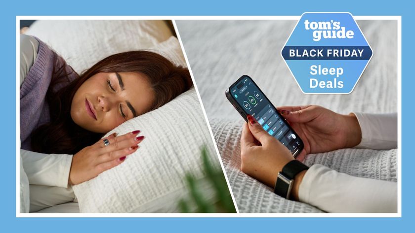 Our sleep tech reviewer in bed with white sheets wearing the silver Oura Ring 4 on index finger (left). Close up of our sleep tech reviewer wearing the Whoop MG band on left wrist checking sleep metrics on iPhone screen (right) with Tom&#039;s Guide Black Friday sleep deals badge 