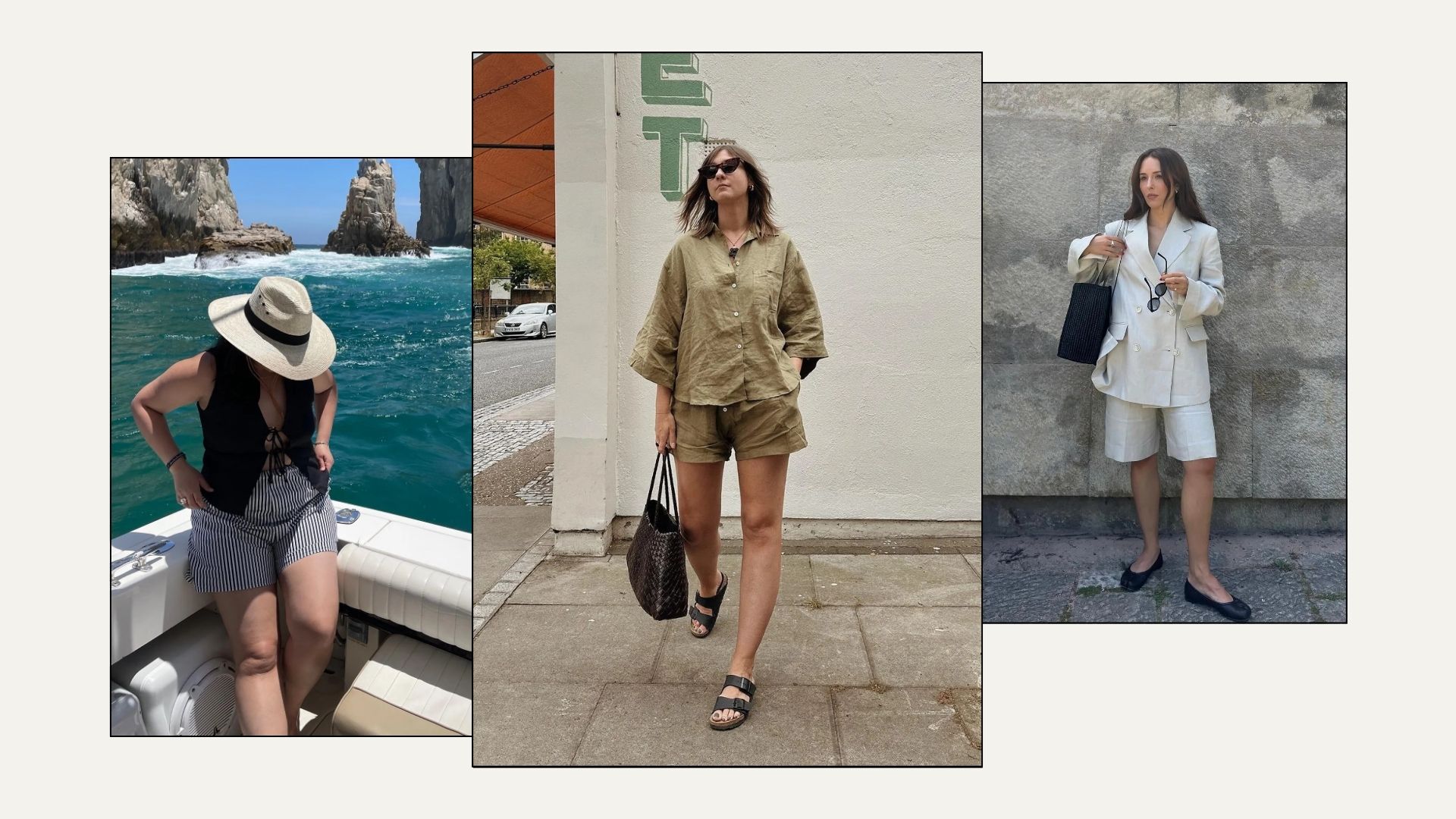 Three women wearing linen shorts