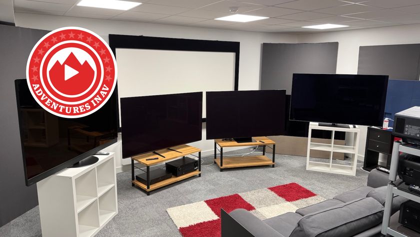 Flagship OLED TVs on stands with Adventures in AV logo