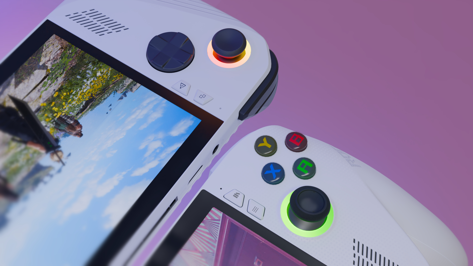 3D render of the Asus ROG Xbox Ally and ROG Xbox Ally handheld gaming PCs showing comparison of chassis, playing Final Fantasy VII Rebirth and Control in front of a colorful backdrop.