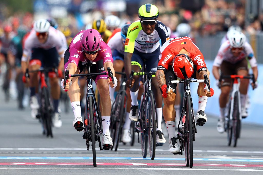 SCALEA ITALY MAY 12 LR Arnaud Demare of France and Team Groupama FDJ Purple Points Jersey Hailu Biniam Girmay of Eritrea and Team Intermarch Wanty Gobert Matriaux and Caleb Ewan of Australia and Team Lotto Soudal sprint at finish line during the 105th Giro dItalia 2022 Stage 6 a 192km stage from Palmi to Scalea Giro WorldTour on May 12 2022 in Scalea Italy Photo by Michael SteeleGetty Images