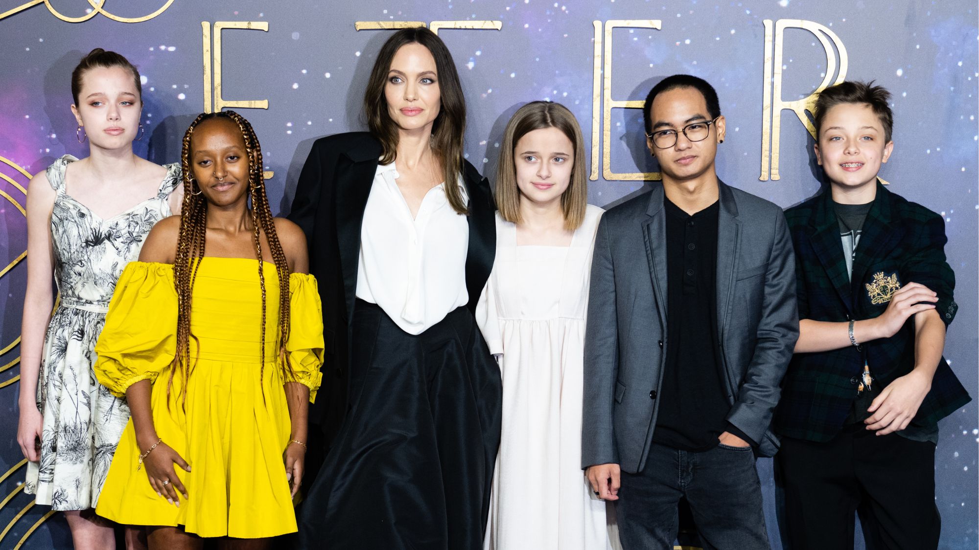 Angelina Jolie attends 'The Eternals' UK premiere with Shiloh, Zahara, Vivienne, Maddox and Knox