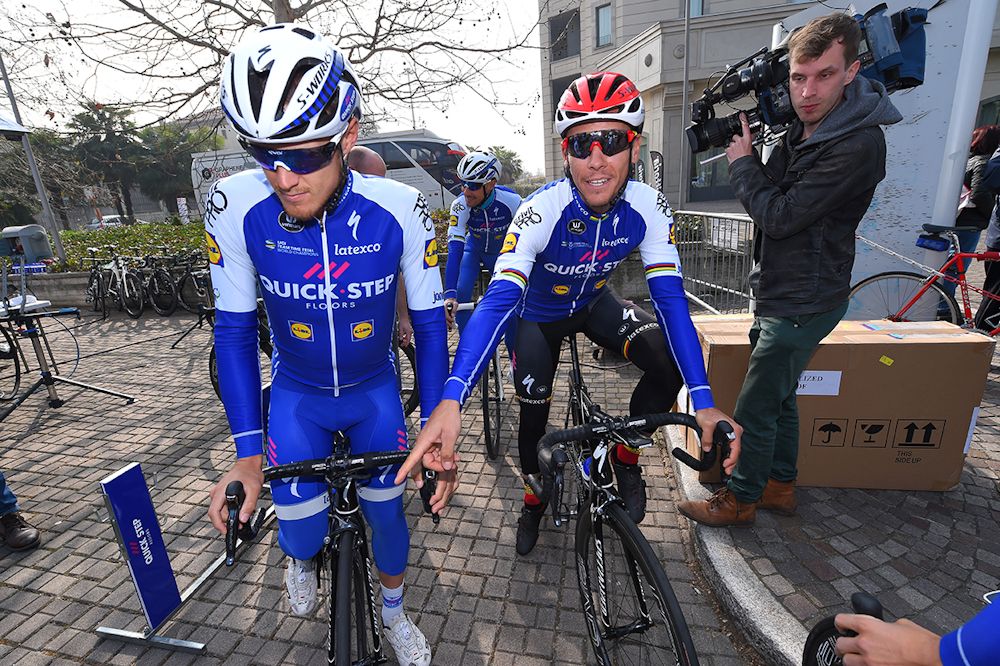 Matteo Trentin and Philippe Gilbert get ready for a training ride