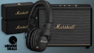 A main image showing two Marshall Emberton II speakers, a pair of Marshall Monitor II headphones and the Marshall Woburn III speaker on a light grey and black background.